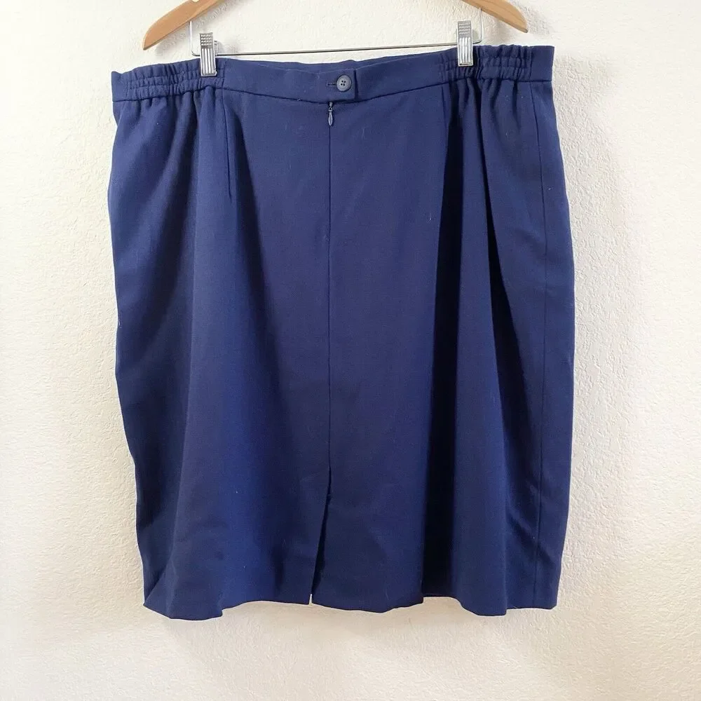 Vintage Jones New York Pencil Skirt 24W Navy Blue Wool Pleated Lined‎ Zipper
